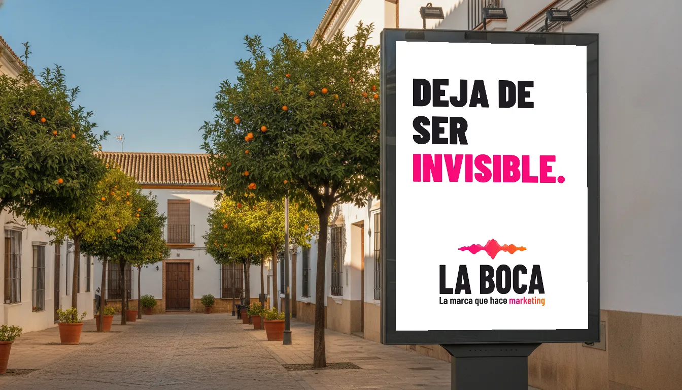Mupi en una calle de Córdoba con naranjos y un cartel de La Boca: Deja de ser invisible.