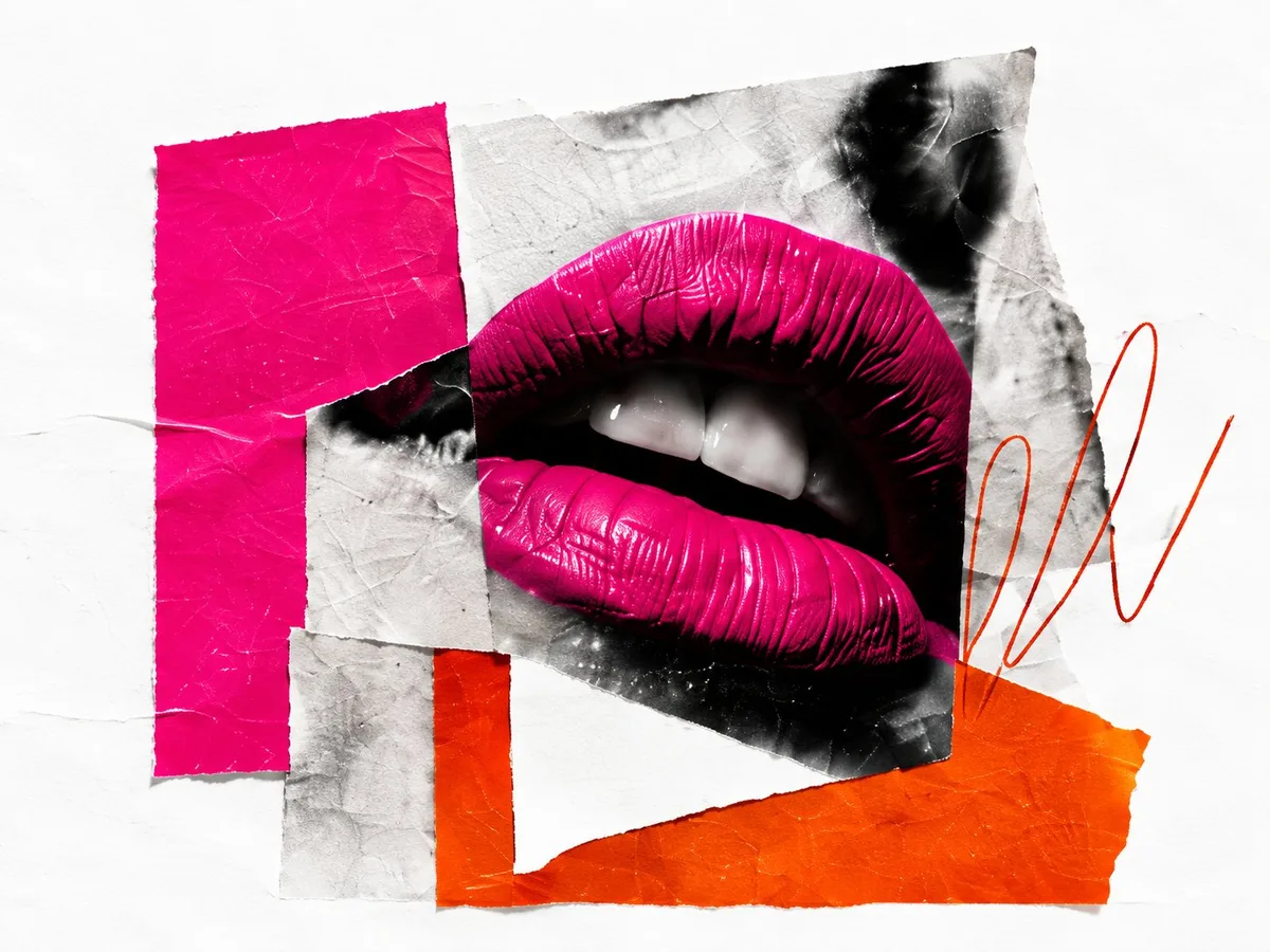 Collage de unos labios fucsia sobre papel rasgado magenta y naranja.