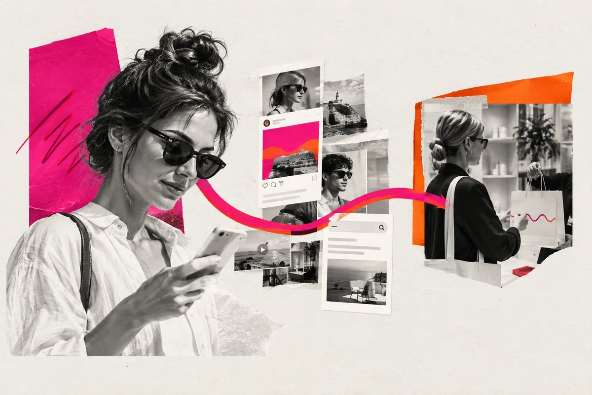 Collage de una mujer mirando el móvil, conectada por una onda magenta con publicaciones de redes y una tienda.