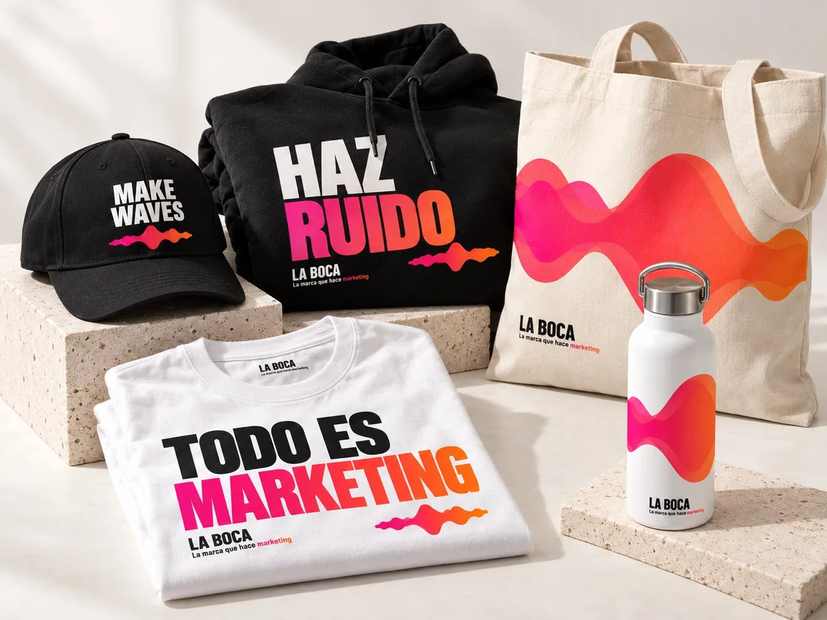 Gorra, sudadera, camiseta, bolsa y botella con mensajes de La Boca: Haz ruido, Todo es marketing.