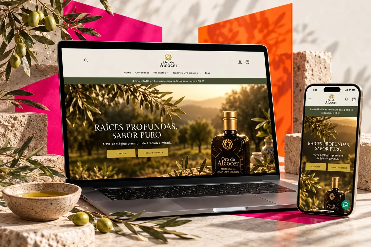 Tienda online de aceite de oliva abierta en un portátil y en un móvil, entre ramas de olivo.
