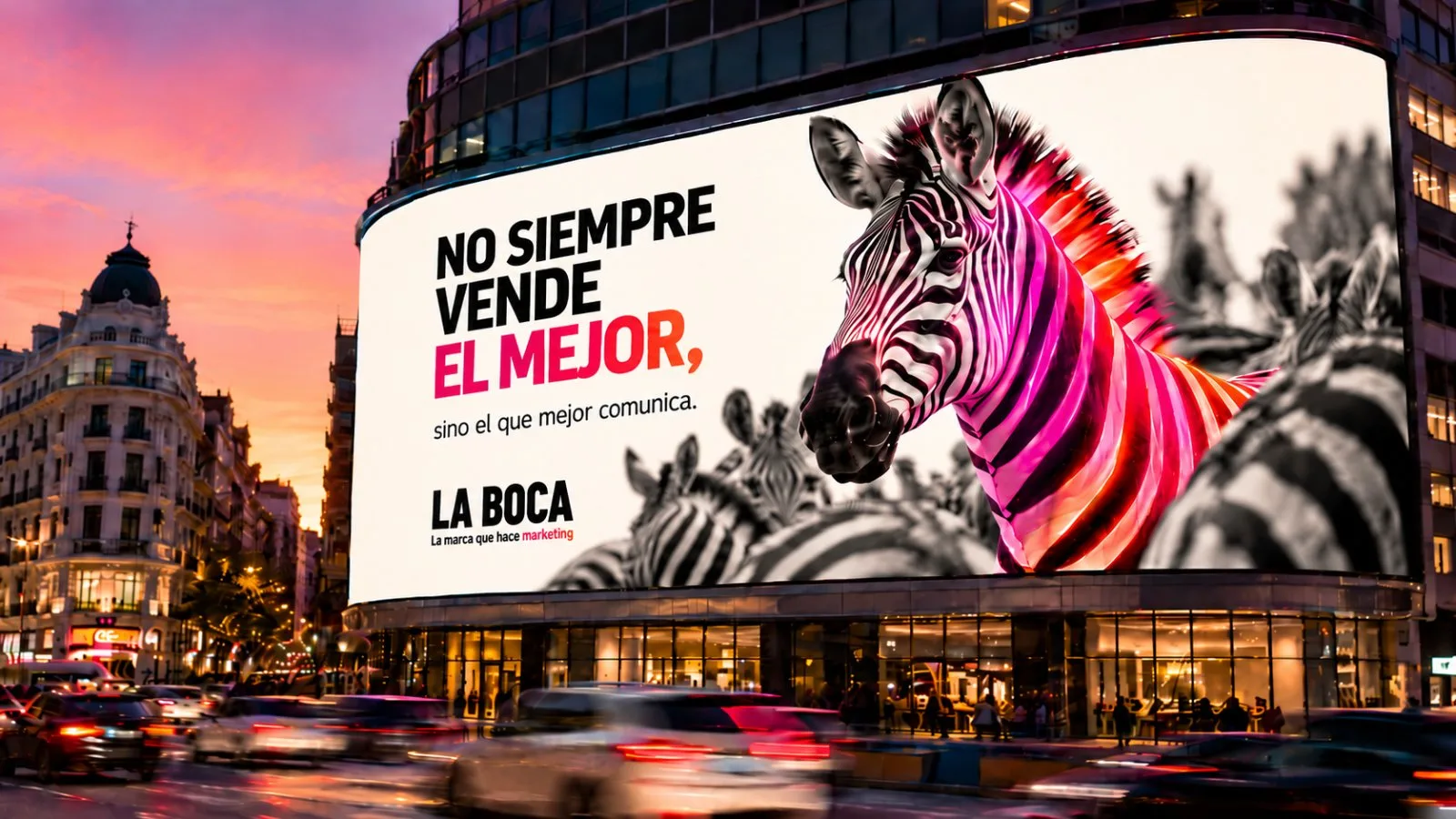 Pantalla gigante de La Boca en una avenida al atardecer, con una cebra de rayas magenta: No siempre vende el mejor, sino el que mejor comunica.