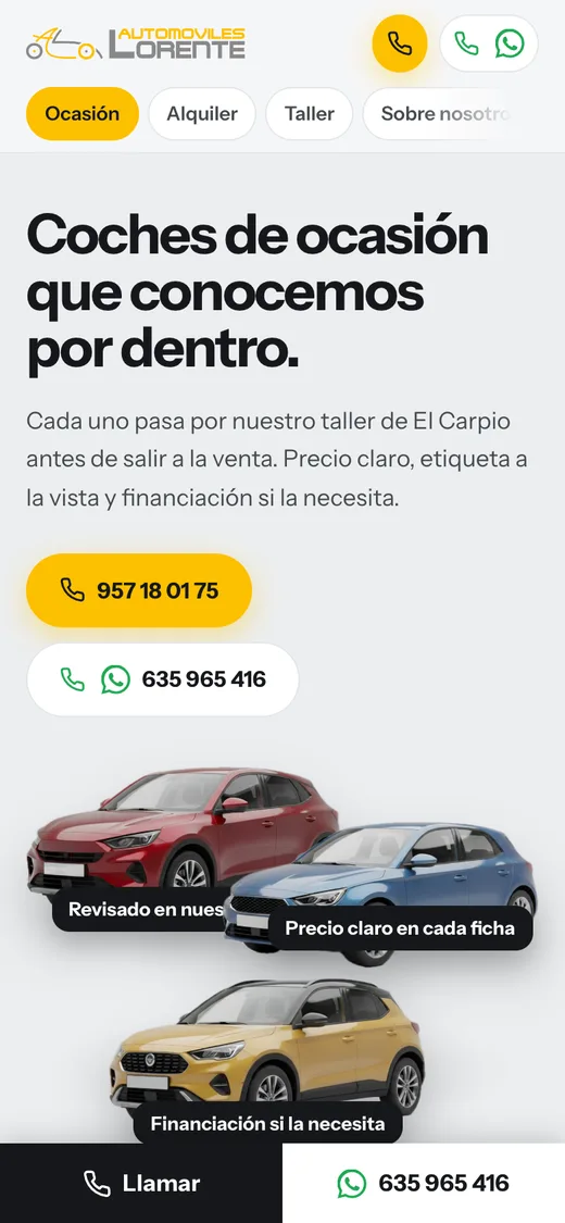La web de Automóviles Lorente en un móvil.